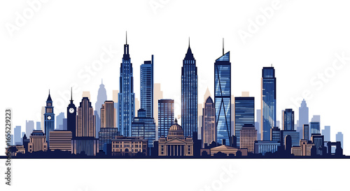Illustration of a cityscape with various buildings and skyscrapers against a white background in blue tones on transparent background