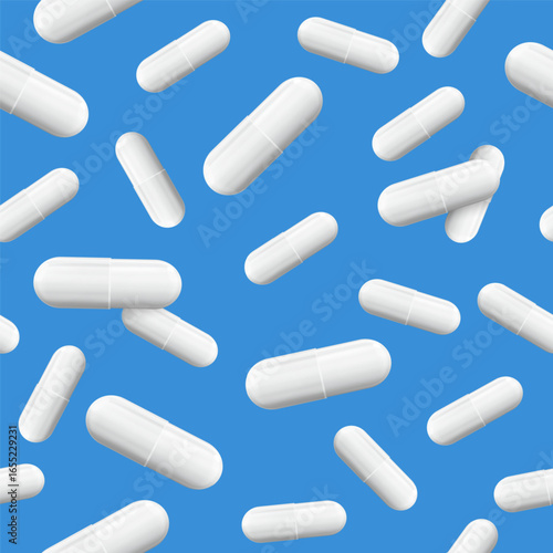 Falling pills seamless pattern on blue background. Drugs, antibiotics or aspirin banner. White antibiotic or vitamin capsule. Pharmacy background with tablets. Vector EPS 10