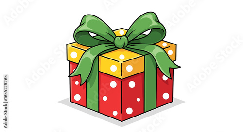 Illustration of a square gift box with red and yellow sections and a green bow and white polka dots all around on transparent background