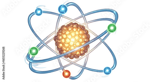 Illustration of an atom with orbiting electrons and a central nucleus with a bright glow effect around it on transparent background