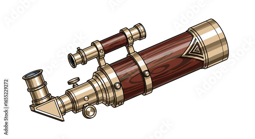 Illustration of a vintage telescope with wood grain and gold accents on a white background angled view on transparent background