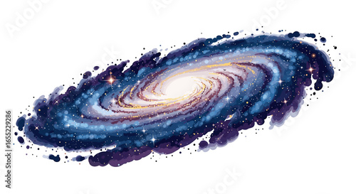 Illustration of a spiral galaxy with a bright center and swirling arms filled with stars and cosmic dust on transparent background
