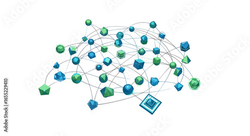 Abstract network of green and blue geometric shapes connected by thin black lines on a white background on transparent background