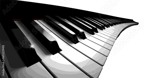 A close up perspective of piano keys showing black and white keys in a curved arrangement style view on transparent background