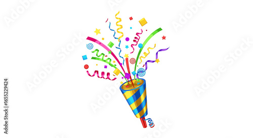 Illustration of a party popper with colorful confetti and streamers exploding out for a celebration scene on transparent background
