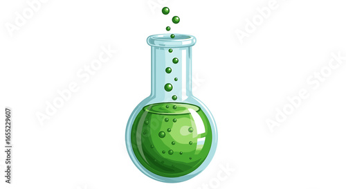 Illustration of a round bottom flask filled with green liquid and bubbles floating above the flask neck on transparent background