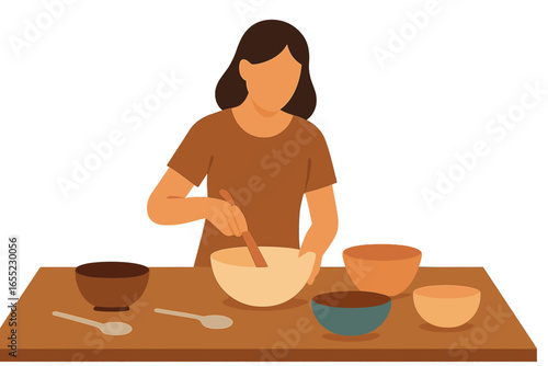 Minimalist illustration of an Asian grandmother selling dumplings at a market stall