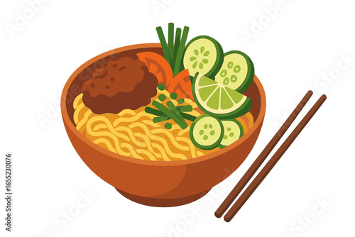 Vector illustration from above of traditional Vietnamese Pho beef noodle soup, including garnishes, chopsticks, and accompaniments of bean sprouts and lime, ideal for food-related content