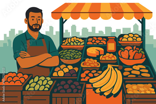 Flat vector illustration of a horizontal marketplace panorama featuring an Asian bazaar with Indian characters and various sellers offering souvenirs, pottery, sweets, jewelry, fruits, and vegetables
