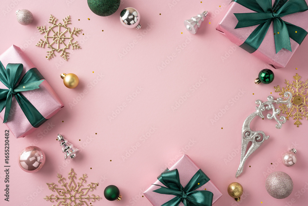 Fototapeta premium Holiday-themed composition featuring wrapped gifts with bows, ornaments, and festive decorations arranged on a pink background