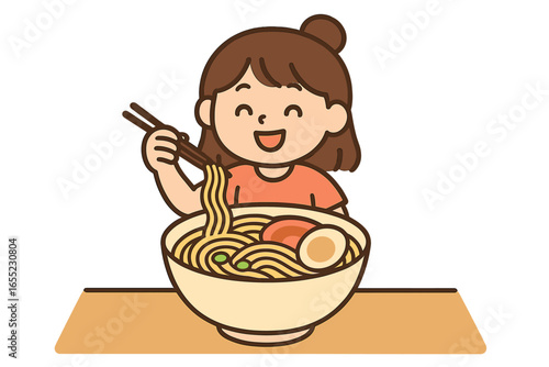 Adorable hand-painted cartoon figure preparing noodles at a roadside food vendor