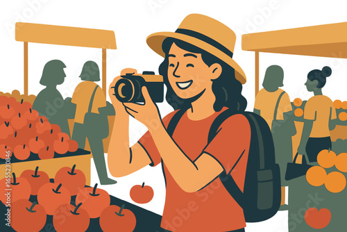 Vector travel illustration of a happy tourist woman with camera taking picture at a local market in Bangkok, a backpacker girl on vacation in Thailand exploring Asian culture and shopping