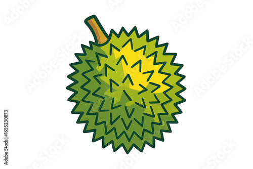 Vibrant depiction of durian fruit accompanied by lively text highlighting its distinctive character and allure