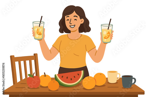 A vibrant illustration of an Asian woman savoring a revitalizing iced tea adorned with fruit, emphasizing a healthy lifestyle and appealing beverage presentation, ideal for marketing campaigns