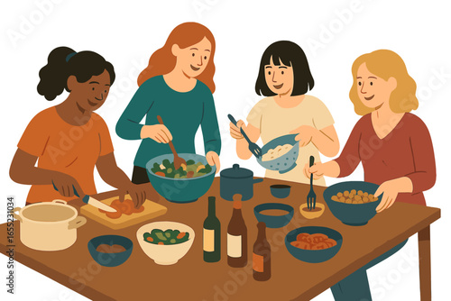 Depiction of a cooking competition featuring six contestants in separate stalls, preparing dishes beneath vibrant tents, with Lomba Masak written below