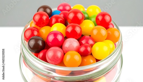 Colorful round candies in a glass jar.