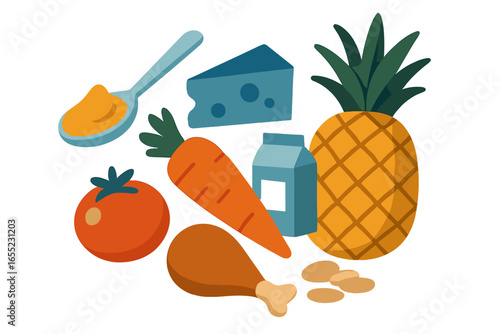 Fresh vector illustration of tropical food ingredients such as pineapple, bamboo, tofu cubes, and turmeric, perfect for healthy food concepts
