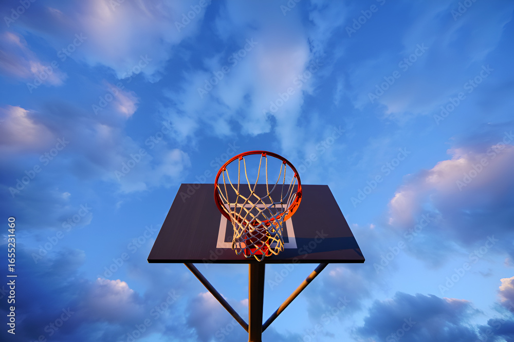 Naklejka premium Basketball hoop against dramatic sky backboard
