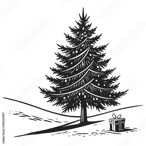 Elegant Christmas Tree with Gift Box in a Snowy Landscape Illustration