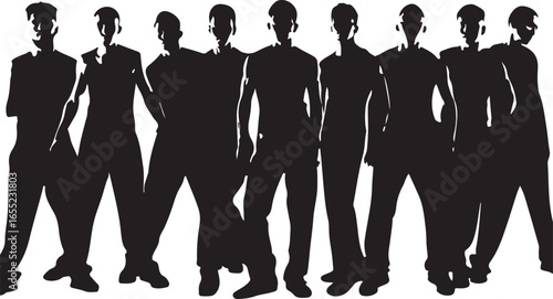 Black silhouette of a group of seven men standing together male