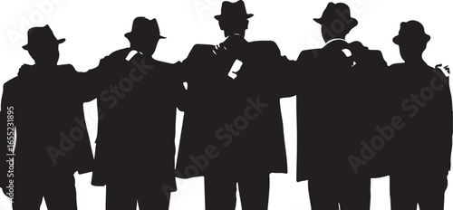Five men in fedora hats and suits with arms around each other's shoulders group people