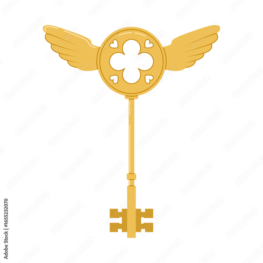 Obraz premium Golden fantasy key with wings and heart shapes. Magical vector illustration perfect for fairy tale designs, logos, decorations, and fantasy themes.