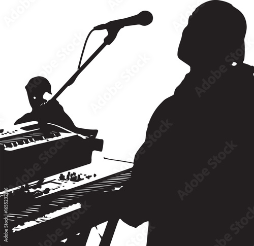 Silhouette of a musician playing a keyboard with a microphone piano
