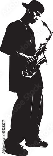 Silhouette of a man wearing a baseball cap playing a saxophone jazz musician