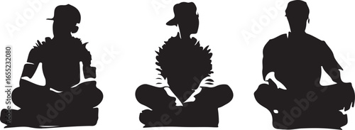 Three black silhouette figures sitting cross-legged with heads bowed and arms crossed meditation yoga
