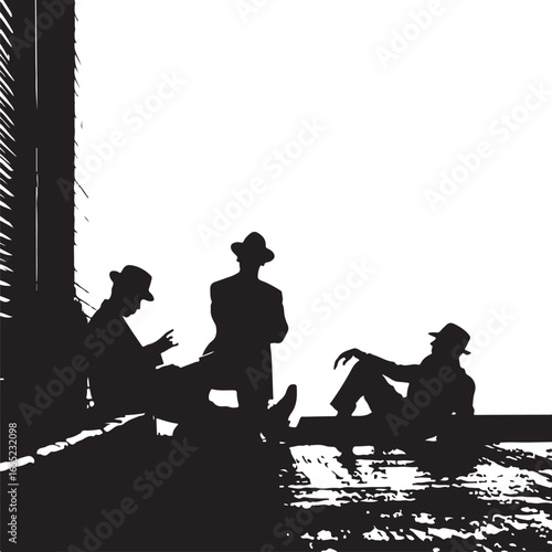 Three men in fedora hats silhouetted against a white background sitting on a textured surface vector