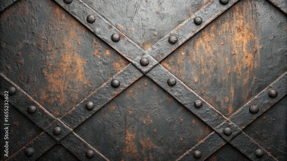 Fototapeta premium Close up of a rusty metal door with rivets and diagonal bars creating a cross pattern, perfect for a vintage or industrial background