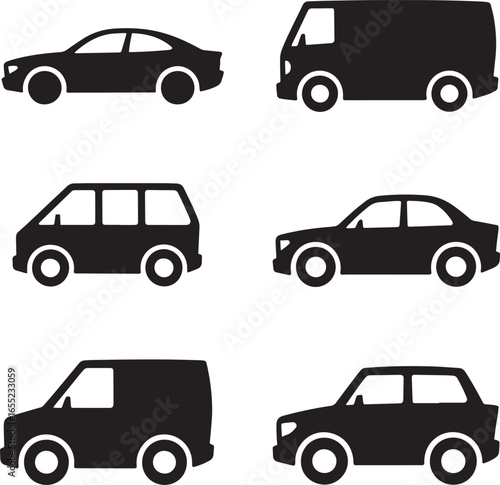 Black vehicle silhouettes on white background vehicles cars