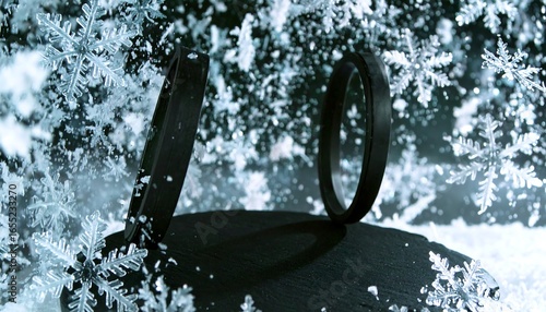 Two dark rings stand amidst a flurry of delicate snowflakes, creating a captivating winter scene.