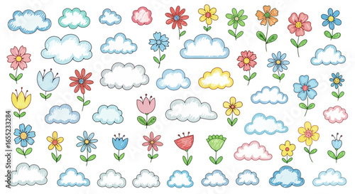 Playful Floral and Cloudscape Design Elements for Children's Illustration and Creative Projects, Perfect for Educational Resources and Whimsical Design Applications.