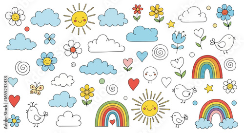 Cheerful Collection of Hand-Drawn Sky and Nature Elements for Children's Illustration, Educational Resources, and Playful Design Projects