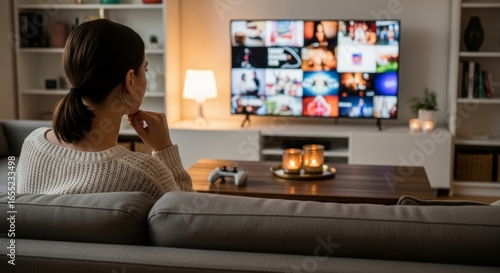 Young Woman Watching Colorful Tv Screen in Cozy Living Room