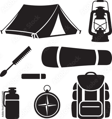 Camping gear silhouettes tent lantern backpack compass water bottle sleeping bag saw vector