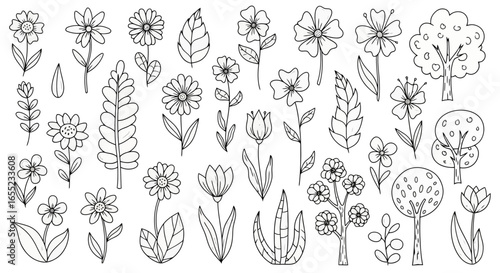 Botanical Line Art Collection Featuring Assorted Flowers, Leaves, and Trees for Creative Projects and Spring-Themed Designs. Ideal for Scrapbooking and Decor.