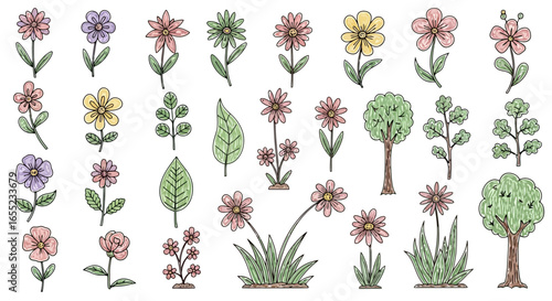 Collection of Hand-Drawn Flowers, Leaves, and Trees Illustration for Botanical Designs, Springtime Themes, and Educational Resources. Suitable for print, digital media and website decoration.
