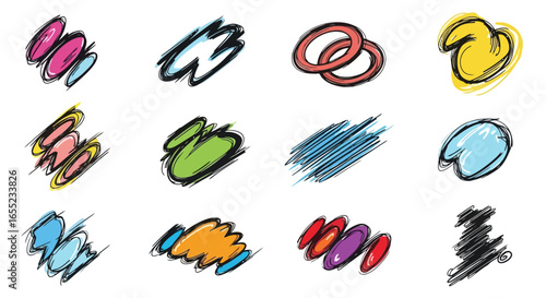 Collection of Hand-Drawn Doodle Elements in Various Shapes and Colors for Creative Design Projects and Visual Communication Purposes, Usable in a Variety of Digital and Print Media
