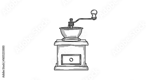 Vintage Coffee Grinder Illustration: Hand-Operated Mill Design for Coffee Shops, Food Blogs, and Nostalgic Branding Projects, Perfect for illustrating culinary arts and restaurant equipment