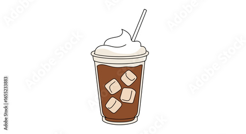 Refreshing Iced Coffee Illustration with Whipped Cream and Ice Cubes, Perfect for Menu Design, Social Media Graphics, or Beverage Advertising