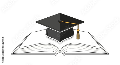 Graduation Cap and Open Book Symbolizing Academic Achievement, Education, and Knowledge, suitable for educational materials, graduation announcements and academic illustrations.