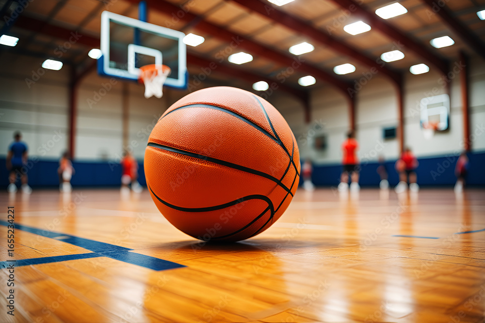 Obraz premium Orange basketball on polished wooden court with blurred players floor