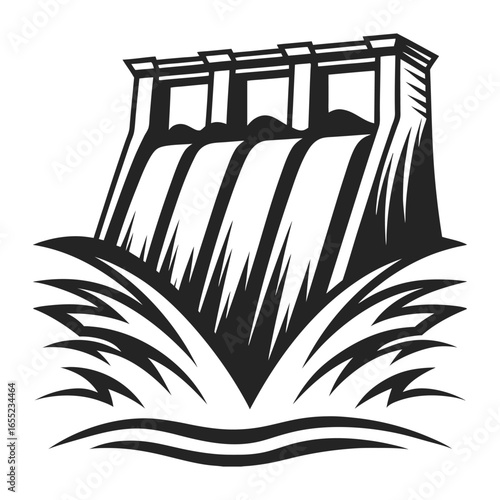 Monochrome Illustration of a Hydroelectric Dam with Water Flowing Energy Production Concept | Ai generated