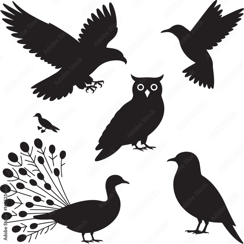 Obraz premium Diverse bird silhouettes eagle owl peacock hummingbird vector