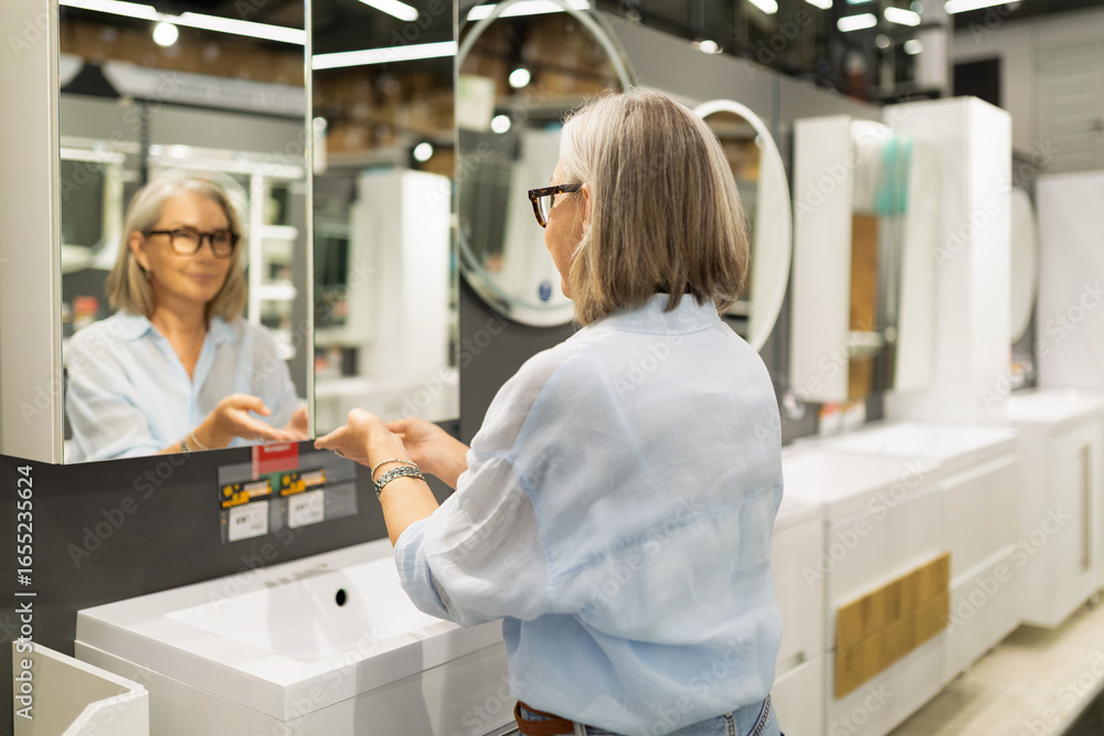 Obraz premium Woman examines bathroom fixtures in modern home improvement store during daytime shopping