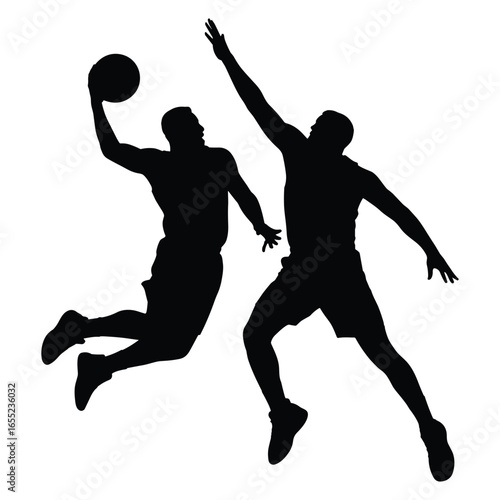 Basketball players dunking and defending silhouette