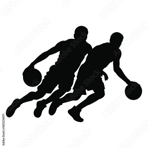 Two basketball players dribbling silhouette
