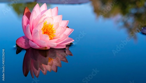 A serene pink lotus flower floats gracefully on tranquil water, its reflection mirroring its delicate beauty.